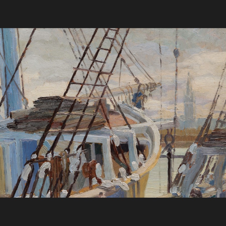 Jeanne DUBUT, Vue de Rouen depuis le pont d'un bateau, tableau