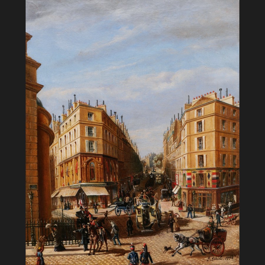 E. GIRSELS, Vue animée des rues de Paris derrière l'église NotreDame