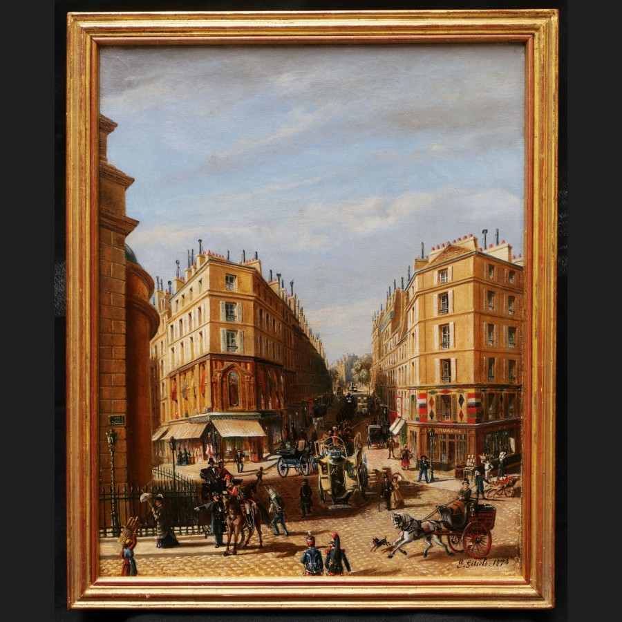 E. GIRSELS, Vue animée des rues de Paris derrière l'église NotreDame