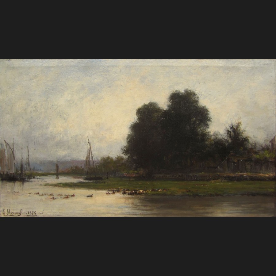 Émile RENOUF, Bord de rivière aux bateaux et canards, tableau Galerie